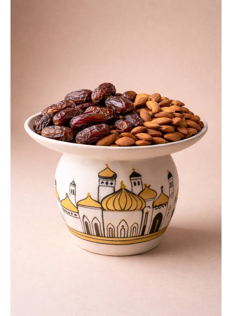 Tanseeq Elegant White Resin Pedestal Serving Bowl with Gold Mosque Design for Ramadan Centerpiece Tray Iftar Dates Server Islamic Home Decor Eid Gift Tableware - Image 2